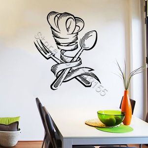Decalque da parede cozinha vinil adesivos de parede moderna janela cartaz colher garfo padrão adesivos de parede restaurante chef decalque233t