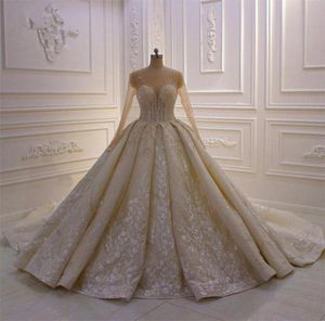 Luxury Ball Gown Wedding Dresses Long Sleeve Jewel Neck Beads Appliques Lace Arabic Wedding Bridal Gowns Crystal Vestidos De Novia5539470