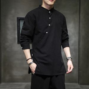 Homens estilo chinês camisa de cânhamo algodão linho tang terno hanfu retro stand-up colarinho zen roupas harajuku topos roupas masculinas 240307