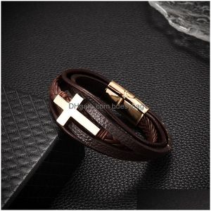 Charm Bracelets Handmade Black Brown Color Rope Braided Leather Alloy Cross Retro Adjustable Jewelry For Men Women Drop Delivery Dht6F