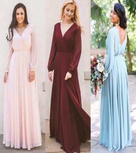 Abiti da damigella d'onore in chiffon a maniche lunghe da sposa autunnale con scollo a V Abito lungo da damigella d'onore su misura Abbigliamento da festa Taglie forti BM02381831604