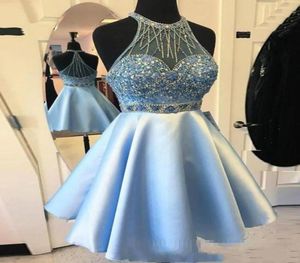 2019 Nowe przybycie kryształowy z koralikami sukienka niebo niebieska tanie krótkie imprezowe suknia koktajlowa mini balus