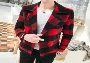 Men039s Jackets Korean Trend Check Retro Tartan Coat Fashion Slim Short Mens Clothing Woolen 2022 Doublebreasted Trench7439467