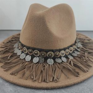 Boho Women Wide Brim Wool Felt Fedora Panama Hat With Belt Buckle Jazz Trilby Cap Party Formal Top i Brown 240309