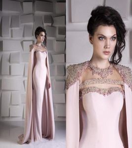 2022 Arabic Dubai Mermaid Pink Evening Dresses Wear for Women Jewel Neck Crystal Beaded With Cape Wraps Floor Length Prom Dress Pa6585148