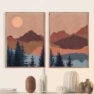 Boho Streszczenie krajobrazowe plakaty i druki Terracotta Sun Mountain Wall Art Płótna linia malarska Sunset Picture Decor Paint214s