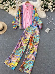 Women Fashion Luxury Chain Print Shirt Top Full Length Pant Autumn Contrast Color Long Sleeve Buttons Blouse 2 Piece Set 240309