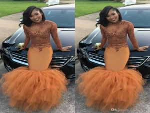 Dust Orange Mermaid Prom Dresses Black Girls Slay High Neck Long Sleeves See Though Top Beaded Tight Formal Evening Gowns Plus Siz6092532