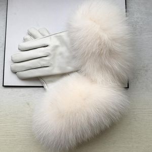 Women's natural big fur genuine leather glove lady's warm natural sheepskin leather plus size white driving glove R2451283O