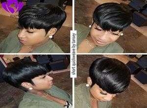 Curto pixie corte penteado para mulheres negras pré arrancadas frente do laço perucas de cabelo humano com franja em linha reta brasileiro bob peruca7772603