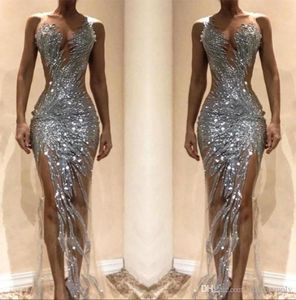 Wspaniałe srebrne sukienki na bal matarnie 2022 Sexy See przez cekiny podzielone staniki długie kobiety okazja suknie wieczorowe