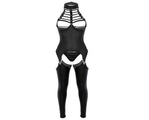 3-teiliges Damen-Dessous-Set mit offenem Schritt, Neckholder, Büste, BH, ouvert, Lackleder, Erotik, sexy Anzug, Cosplay, Body, Outfit, BHs S5609400