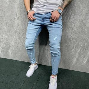 Moda masculina buracos angustiado magro estiramento calças de brim streetwear hip hop masculino rasgado sólido denim calças 240226