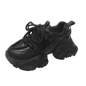 Män kvinnor chunky sneakers casual skor plattform rund tå tjock sula snörning damtränare svart vit äkta läder syntetiska lapptäcke damer höst bb002