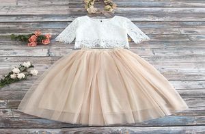 Set di pizzo per ragazze top a manica corta all'uncinetto cavo gonne in tutù di tulle 2 pezzi abiti da principessa per bambini abbigliamento da festa per bambini A015936271505