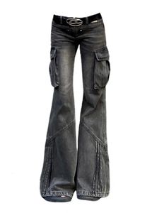 Брюки-клеш в американском стиле ретро, вымытые черные узкие джинсы-клеш с низкой талией, женские модные удобные джинсовые брюки E-girl, хип-хоп High Street 240311