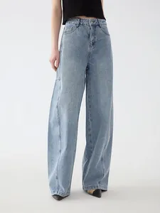 Kvinnors jeans 2024 Vårkvinnor Hög midja bred ben Bekväm kvinnlig bomull Löst raka denim Långa byxor