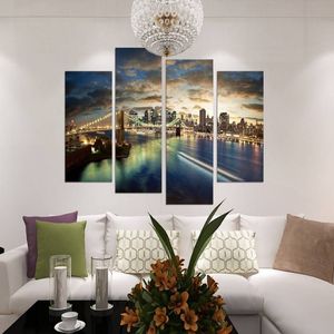 4pcs set Brooklyn Bridge Night View No Frame Wall Art Oil Painting On Canvas Seascape Paintings Picture Decor Living Room276f
