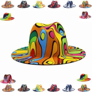 Kolorowy szeroki kościele w stylu rdzeniowym Derby Top Hat Panama Fedoras Hat for Men Women Artificial wełniany brytyjski styl Jazz Cap 240301