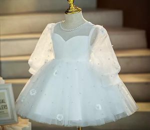 Jewel Langarm-Tüll-Ballkleid-Blumenmädchenkleider Knielang Maßgeschneiderte formelle Kleidung für Kinder