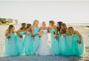 Turquoise 2019 Bridesmaid Dresses Beach Party Dress with A Line Ruffle Sweetheart Neck Zip Back Floor Length Chiffon Cheap Party G8829293