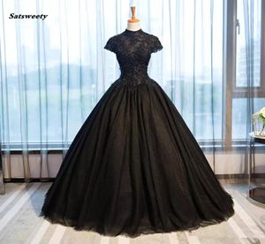 2021 Black Gothic Wedding Dresses High Collar Casamento Vintage Bridal Gowns 반짝이는 파란색 아플리케 vestido de novia4360617