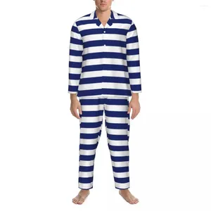 Men's Sleepwear Retro Nautical Spring Navy Blue And White Stripe Casual Oversized Pajama Sets Man Long Sleeve Bedroom Design Nightwear