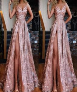 Suknie druhny z druhną błyszczącego Rose Gold South African z paskami Wysoko rozdzielony wieczorny wieczór Formalny suknia konkursowa1109941