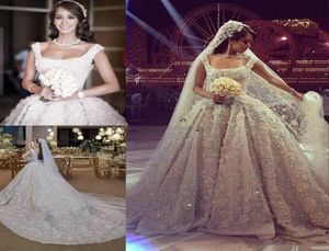 2020 Luxury Elie Saab Beads Ball Gown Wedding Dresses 3D Applices Square Neck Backless Bridal Dress Chapel Plus Size Sequined Wed6856885