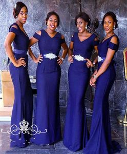 2020 Nya Royal Blue Satin Long Bridesmaid -klänningar med korta ärmar Beading Sash African Women Mermaid Maid of Honor Dress Party 2250845