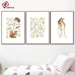 Paintings Nursery Woodland Wall Art Squirrel Deer Canvas Painting Flower Posters And Prints Little Forest Animals Pictures For Liv250F