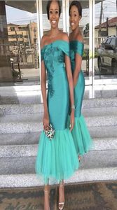 Teal Off Shoulder Long Bridesmaid Dresses Short Sleeves Prom Gowns With Lace Applique Tiered Ruffle Custom Made AnkleLength Eveni9907278