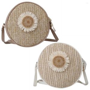 Shoulder Bags Summer Vacation Straw Round Beach Bag Women Flower Woven Messenger PU Patchwork Girls Handbag Casual