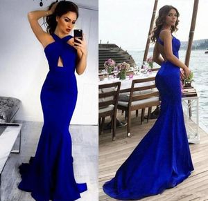 2019 Azul Royal Sereia Longos Vestidos de Baile Decote Fechado Sexy Backless Maid of Honor Party Evening Gowns7830247