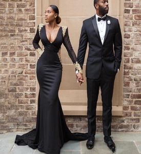 2020 Sexy African Arabic Sexy Black V Neck Mermaid Prom Dresses Long Sleeves Backless Evening Party Gowns Dubai Vestido De Festa1331766