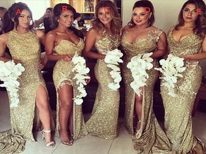 Gold Sequined Bridesmaid Dresses with Long Train Sexy Side Split Sheath Party Evening Gowns Different Style Cheap Bridal Maid of H1005488