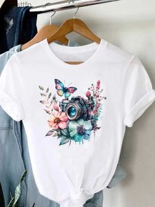 Kadın T-Shirt Kamera Kelebek Güzel 90'lar Kısa Sle T-Shirts Fe Baskı T Üst Kadın Karikatür Gömlek Giyim Moda Grafik Tee 240311