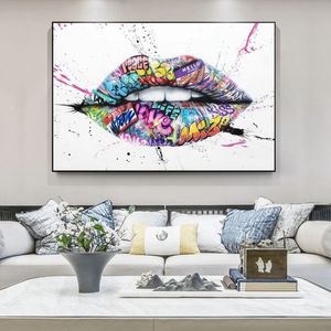 Moderni Graffiti Art Dipinti su tela Astratti Labbra Poster e stampe Immagini di arte della parete per soggiorno Decorazioni per la casa Cuadros No Fra243G