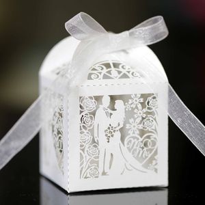 Brud Groom Hollow Ribbon Square Candy Chocolate Packaging Box For Wedding Baby Birthday Decor 2503
