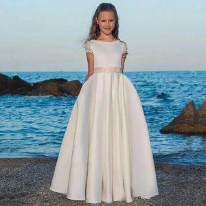 Kız Elbiseler Moda Çiçek Büyüleyici Beyaz Fildişi Kısa Kollu Saten Zemin Uzunluğu Kızlar Pageant İlk Cemaat Elbise