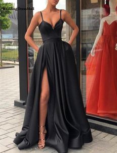 Czarne z ramion satynowe suknie wieczorowe długie boczne rozdzielone sukienki balowe eleganckie damskie sukienki imprezowe sukienki 8951781