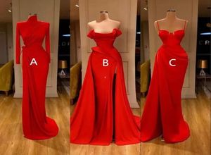 Sexy Arabic 3 Style Red Mermaid Prom Dresses High Neck Long Sleeves Evening Gown High Side Split Formal Party Bridesmaid Dress 0708701484