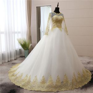 Ivory Dubai Classic Arabic Ball Gown Wedding Dresses with Golden Lace Appliques Jewel Neck Long Sleeves Tulle Bridal Dress Court Train Back Lace-up -up