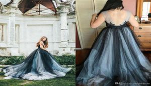 Abiti da sposa gotici Tulle colorato Nero Navy aperto sul retro Applicazioni di pizzo Collo trasparente Abiti da sposa country Design alla moda Bohe2876469