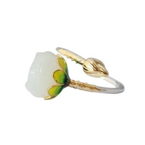 S925 Sterling Silver Cloisonne Hand inlaid Hetian Jade Lotus Vintage Ring305i