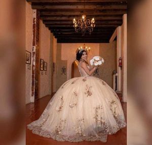 2020 Crystals Crystals Lace Gold Quinceanera Prom Dresses Shute Tulle Tulle Sexy Ball Ball Party Sweet 16 Dress De Soir1528898