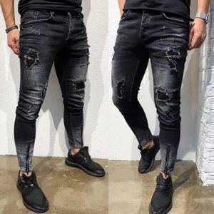 Erkek sıska streç denim pantolon sıkıntılı yırtık freyed ince fit kot ince erkek kalem pantolon 240306