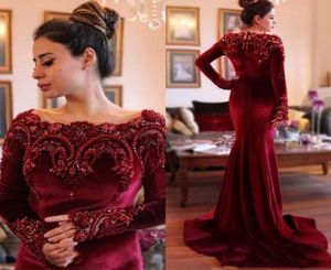 Vintage Burgundy Velvet Long Sleeve Formal Evening Dress Major Beading Zipper Saudi Arabic Occasion Party Prom Gown Pageant Celebi6052055