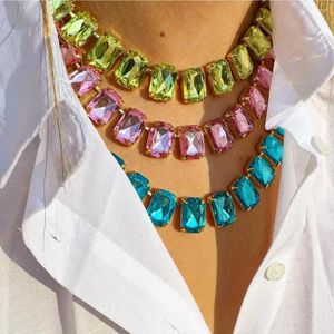 Choker 2024 Luxus Klassische Glänzende Rosa Blau Kristall Halskette Damen Einstellbare Quadratische Große Glas Schlüsselbein Kette Mode Schmuck INS