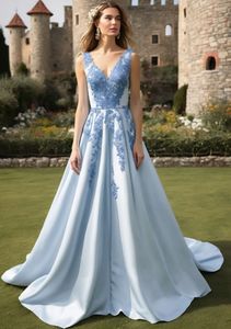 Prom Dresses Party Evening Gown Formal Sleeveless Custom Zipper Lace Up Plus Size New A Line Satin Applique V-Neck Light Blue